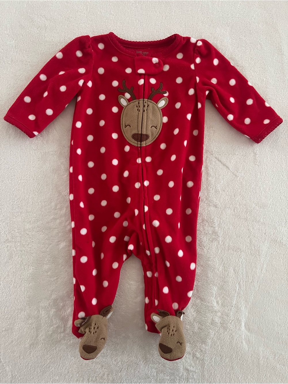 Carter's Red Polka Dot Reindeer Footed One-Piece Pajamas 3M